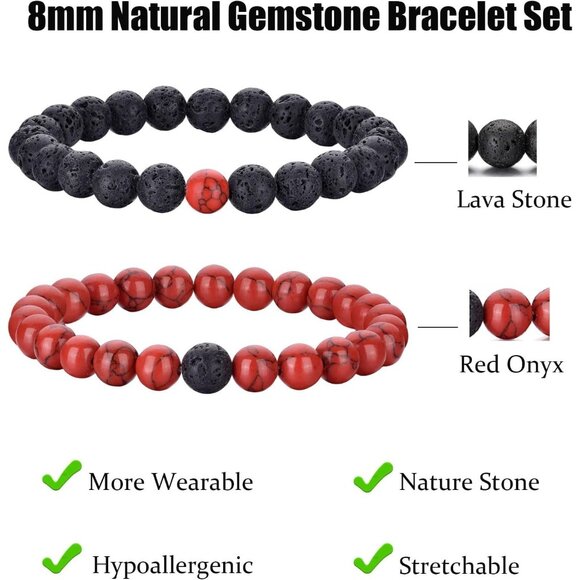 ⚡Rankeef Men 2 Red Black Tiger Eye 8MM Natural Stone Crystal Beaded Bracelet - Picture 3 of 8